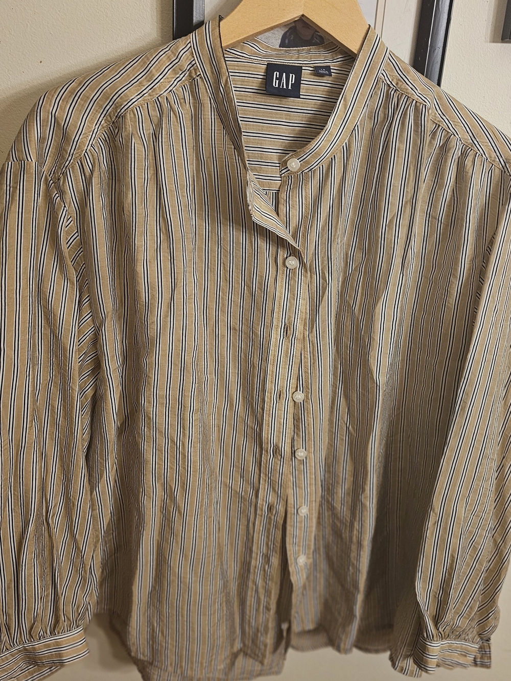 GAP Women's Tan and Navy Striped Band-Collar Button Shirt